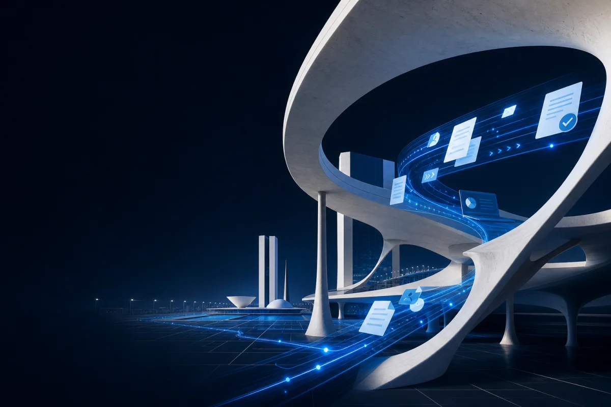 Arquitetura inspirada em Brasília conectada por fluxos digitais
